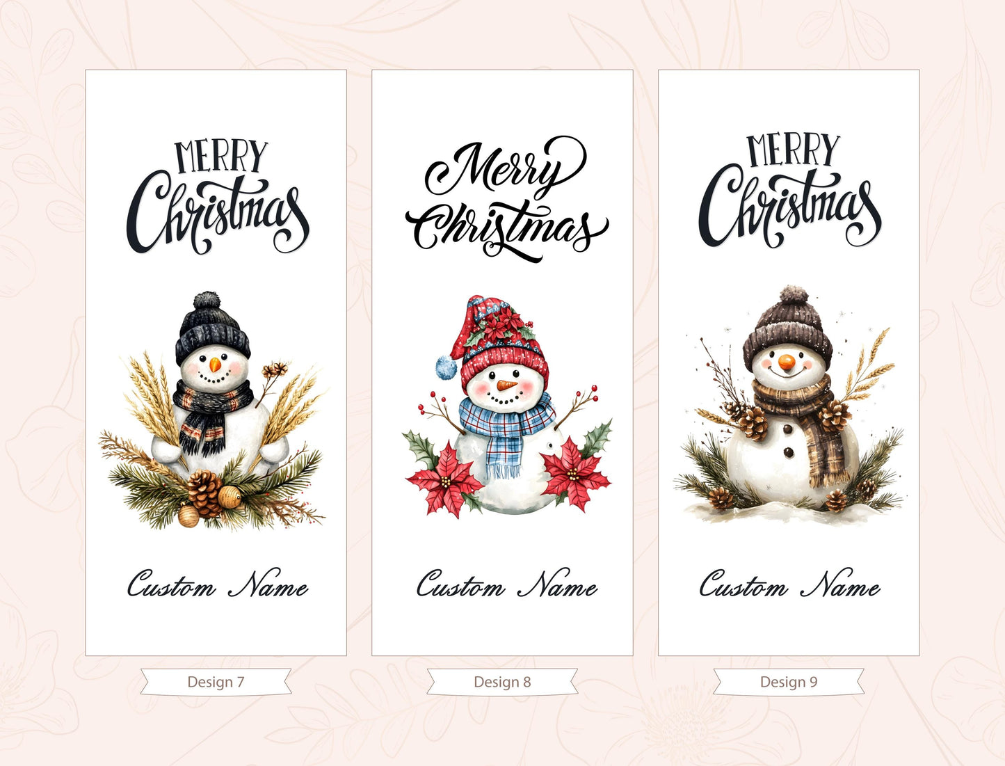 three snowman designs with different outfits and accessories, each with a unique name. The snowmen are surrounded by various holiday-themed elements such as pine cones, berries, and flowers. The text &quot;Merry Christmas&quot; is displayed above each snowman, indicating a festive holiday theme.