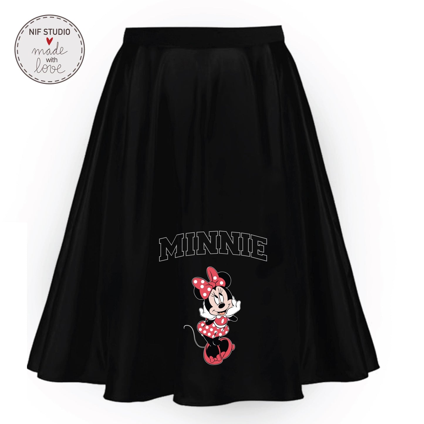 A black skirt with a Minnie Mouse printed on it.