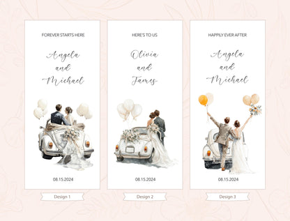 three vertical banners with illustrations of a couple in wedding attire, each with a different car and balloons. The banners are arranged in a row, and the text on them reads &quot;Forever starts here&quot;, &quot;Here to us&quot;, and &quot;Happily ever after&quot;. The banners also display the dates &quot;08.15.2024&quot; and &quot;08.15.2024&quot; at the bottom, indicating that these are design elements for a wedding invitation or event.