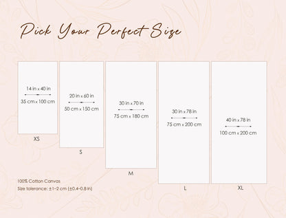 The image is a collage of five canvas sizes, ranging from 14 in. to 500 cm. in width, with a total of 500 cm. in width. The canvas sizes are labeled from XS to M, with each size represented by a different canvas size. The image also includes a caption that reads &quot;Pick Your Perfect Size&quot; and a reference to a &quot;100% Cotton Canvas&quot; with a size tolerance of +1-2 (50-4-0.8) in inches.