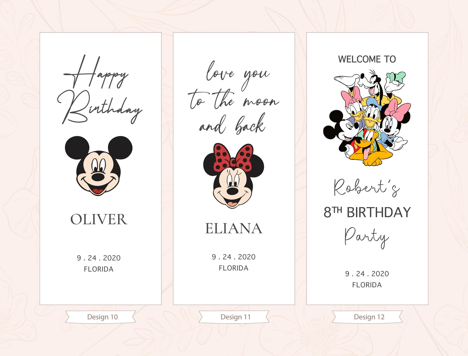 three birthday party invitation cards with different designs and text. The cards are arranged in a row, each with a unique design and message.