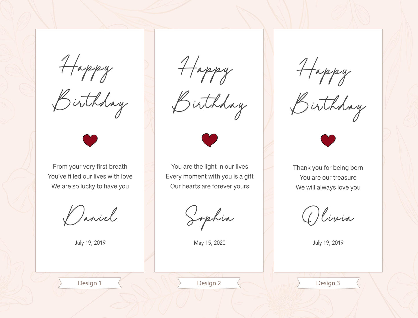 three birthday cards with personalized messages for the recipients. The cards are arranged in a row, each with a unique design and text. The cards are designed to be used as birthday greetings or gifts, expressing gratitude and affection for the birthday person.
