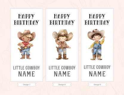 three birthday cards with cartoon cowboy characters on them. Each card has a happy birthday message and a name for the birthday boy.