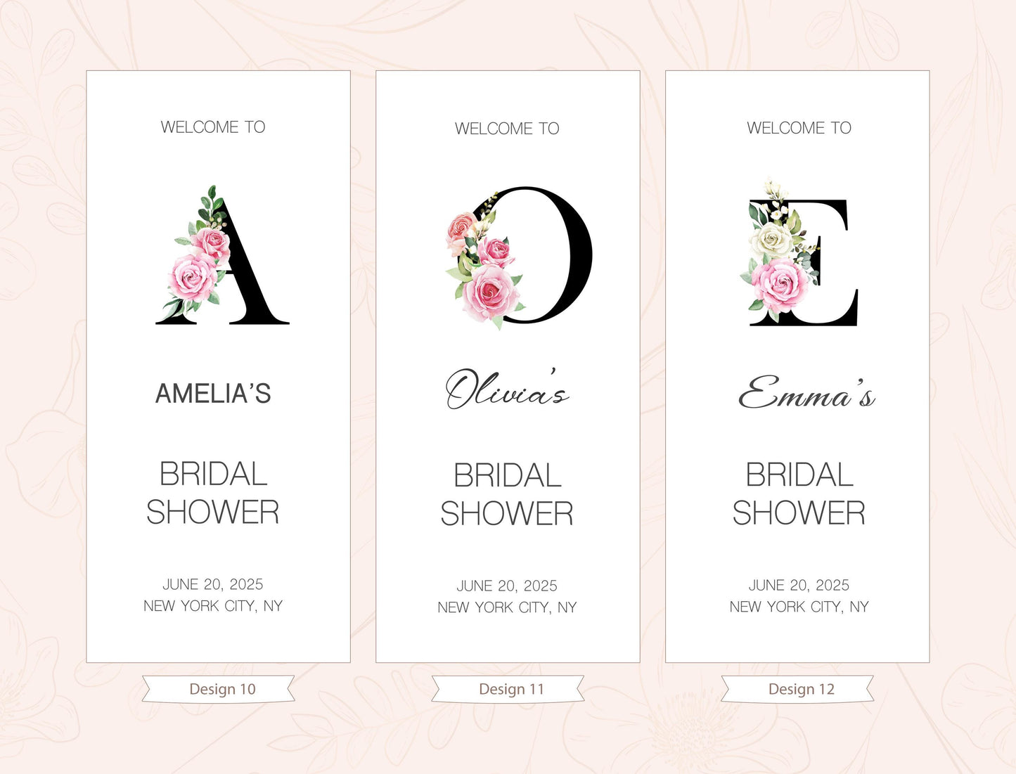 three identical banners with floral designs and text welcoming guests to a bridal shower.