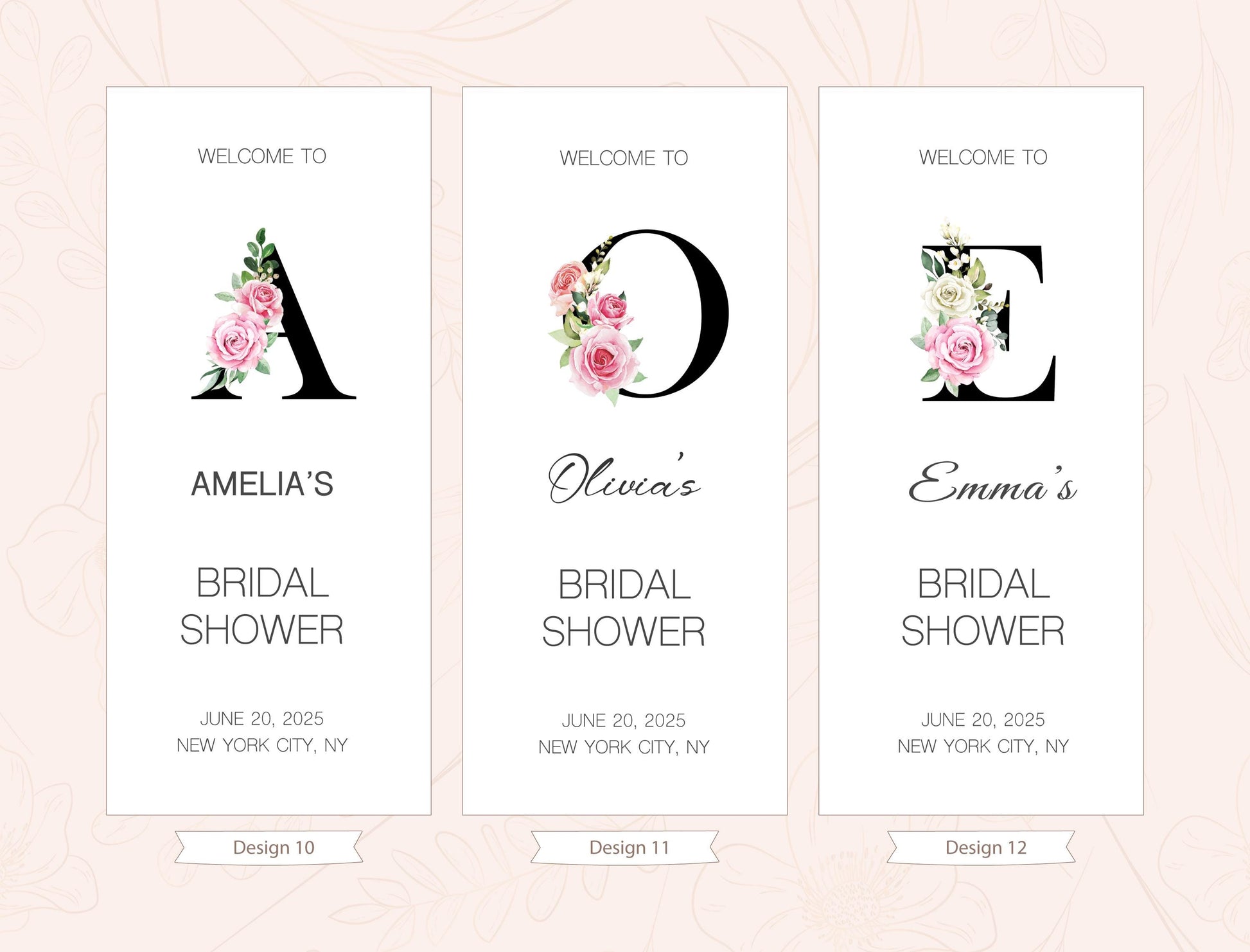 three identical banners with floral designs and text welcoming guests to a bridal shower.
