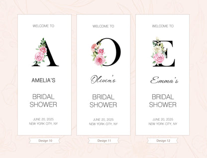 three identical banners with floral designs and text welcoming guests to a bridal shower.