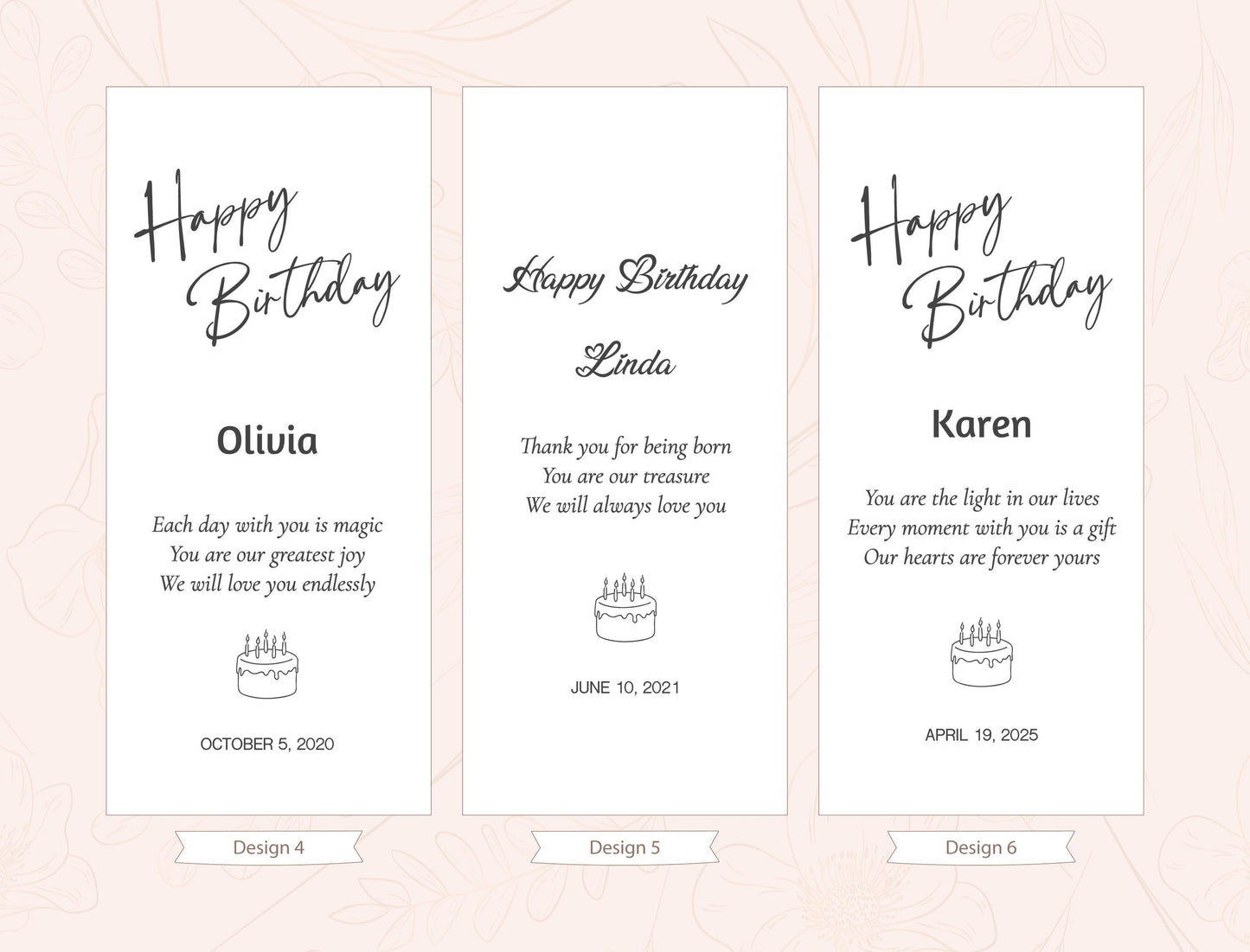 three birthday cards with personalized messages for different individuals. The cards are designed to be used as a birthday greeting or a gift.