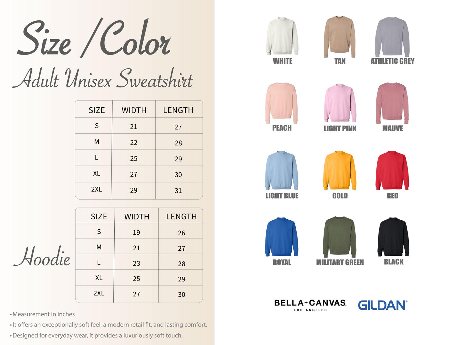 The image is a collage of various adult unisex sweatshirts in different sizes and colors, including white, tan, athletic grey, peach, light pink, mauve, light blue, gold, red, royal, military green, black, and black.