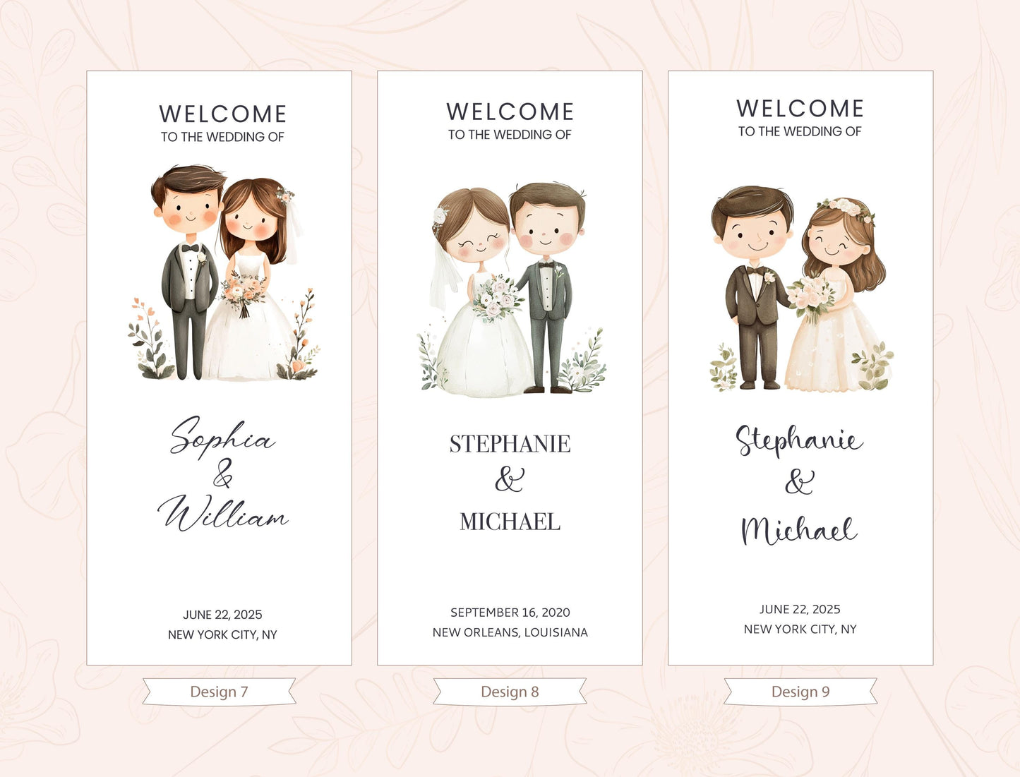 three wedding invitation cards with illustrations of a bride and groom, along with the names of the couple and the date of their wedding.