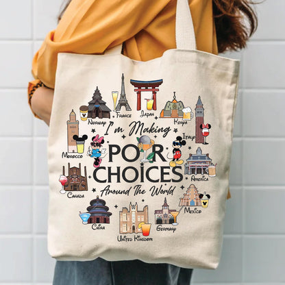 Disney Epcot Tote Bag - Durable Cotton Canvas Mickey Minnie World Showcase