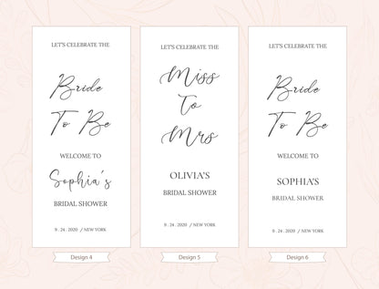 three identical banners with text, each promoting a different event: a bride to be, a bridal shower, and a bridal shower for a bride named Sophia. The banners are arranged in a row, and the text is written in a decorative, cursive font.