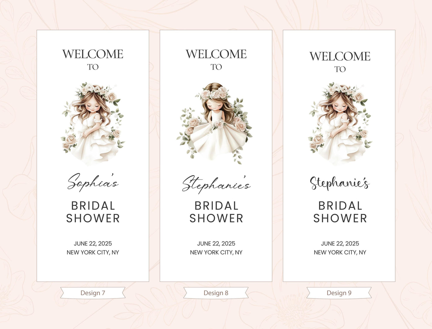three identical banners with floral designs and text welcoming guests to a bridal shower.