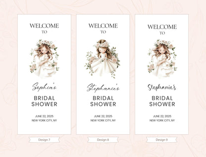 three identical banners with floral designs and text welcoming guests to a bridal shower.