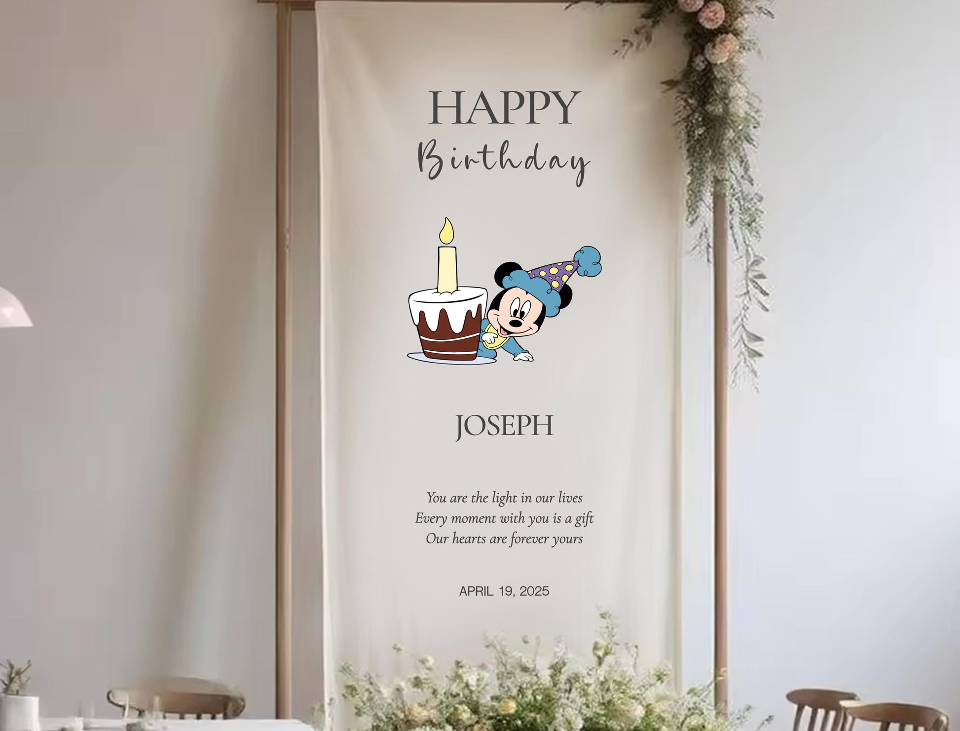 The image is a banner for a birthday celebration, featuring a cartoon character and a cake. The banner has a message that reads &quot;Happy Birthday Joseph&quot; and includes a date, &quot;APRIL 19, 2026&quot;.