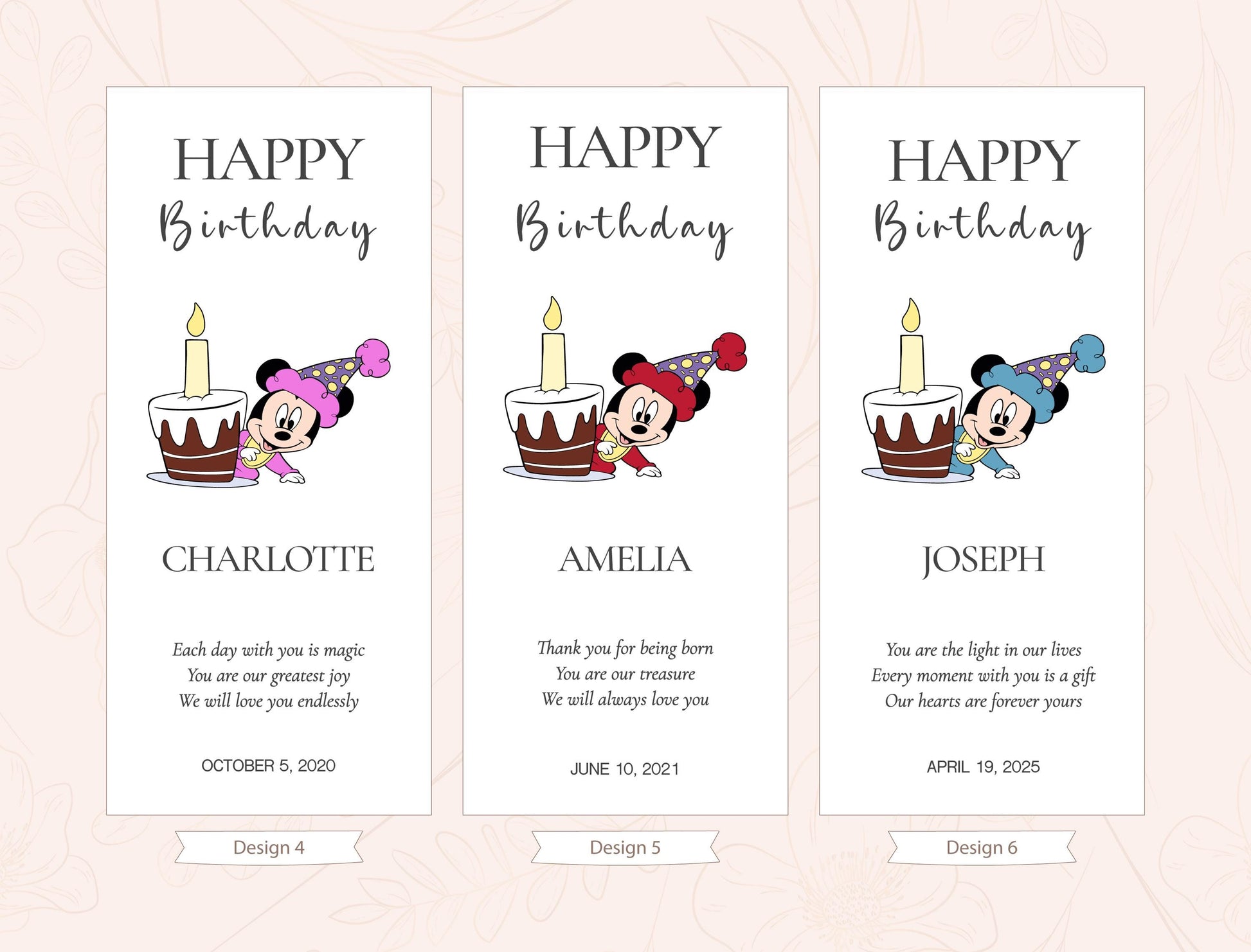 three birthday cards with illustrations of Minnie Mouse and candles on cakes. Each card has a personalized message for a birthday celebration.