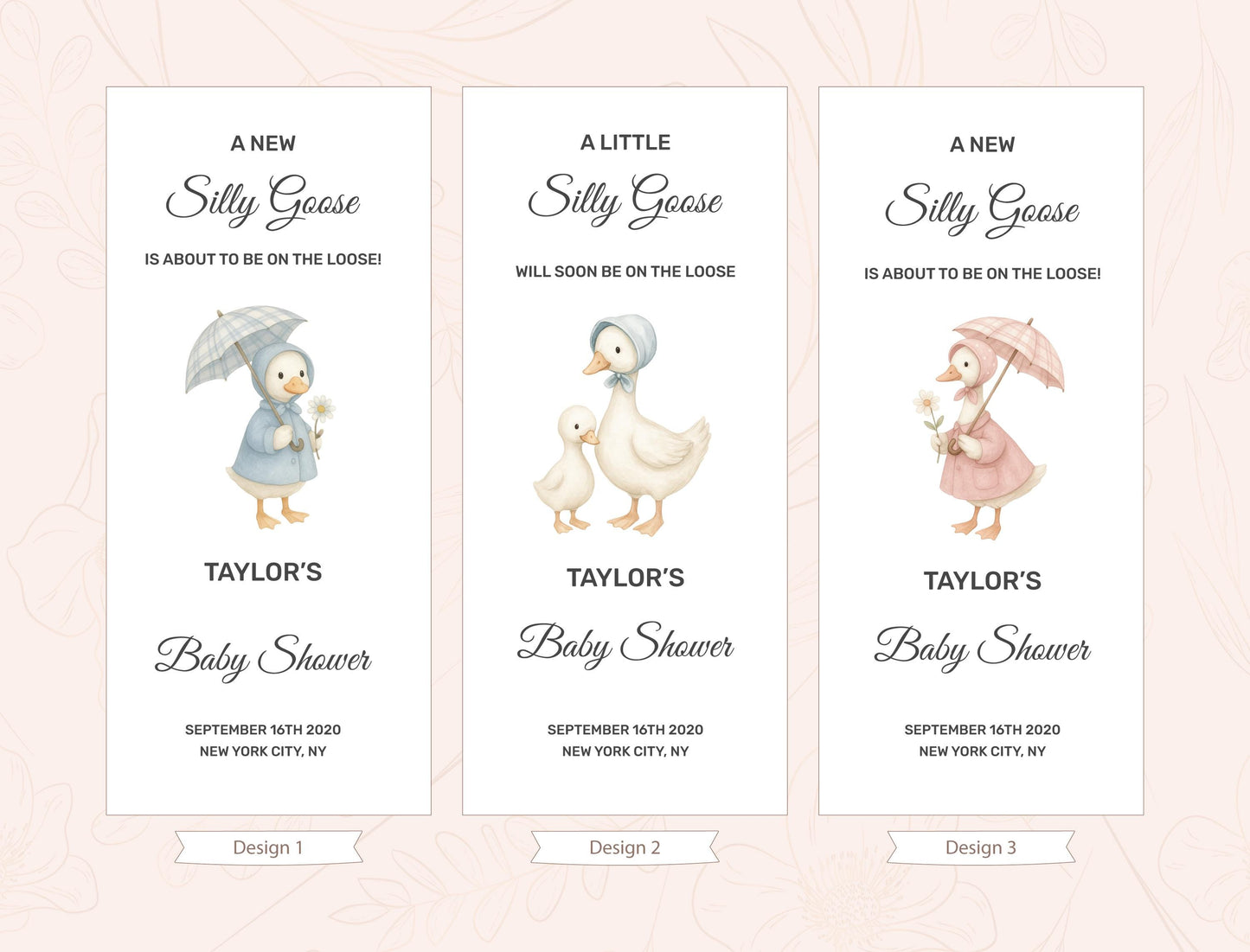 three identical banners with illustrations of ducks and baby showers. Each banner has the same design and text, indicating that they are part of a baby shower invitation series.