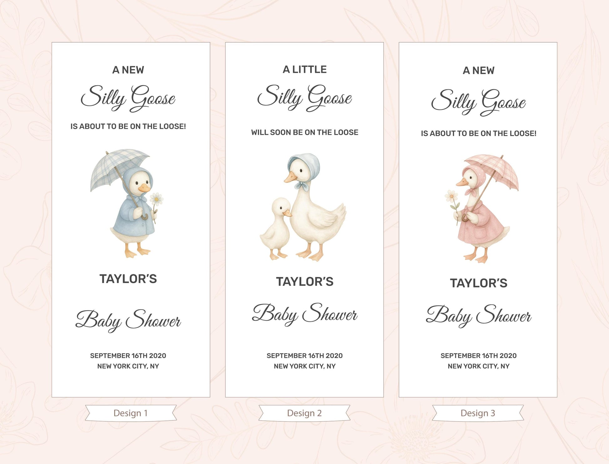 three identical banners with illustrations of ducks and baby showers. Each banner has the same design and text, indicating that they are part of a baby shower invitation series.