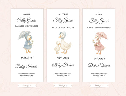 three identical banners with illustrations of ducks and baby showers. Each banner has the same design and text, indicating that they are part of a baby shower invitation series.