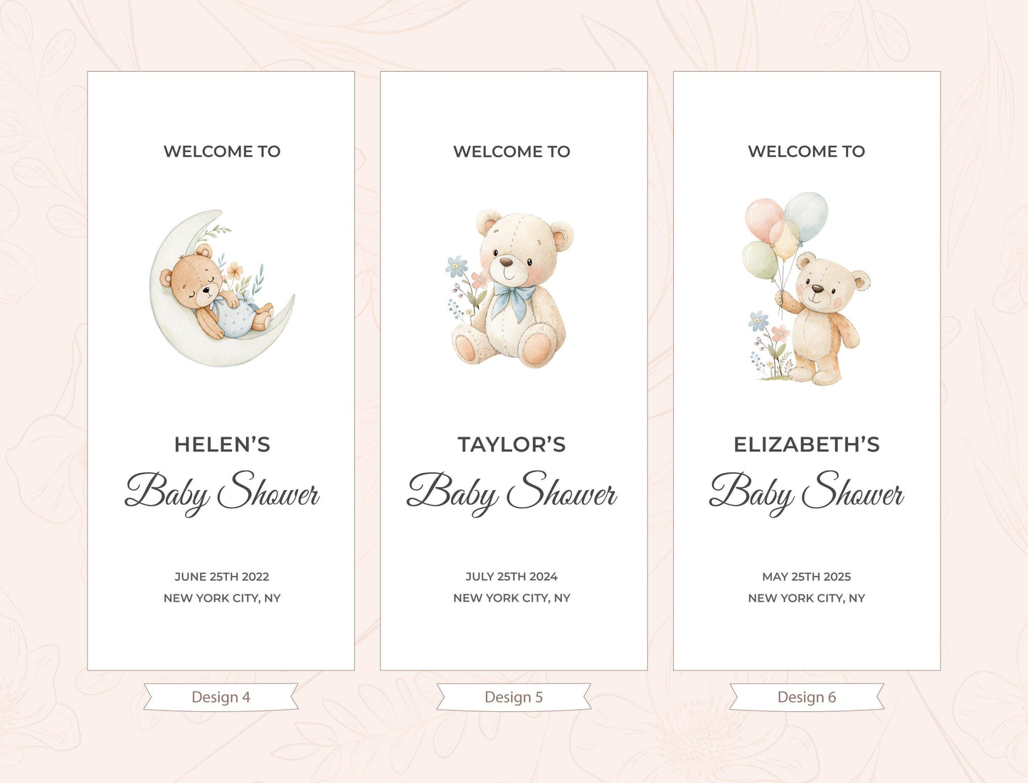 three identical banners with baby shower announcements. Each banner features a teddy bear and balloons, and includes the names of the expectant parents, Helen and Taylor, along with the dates of their baby showers.