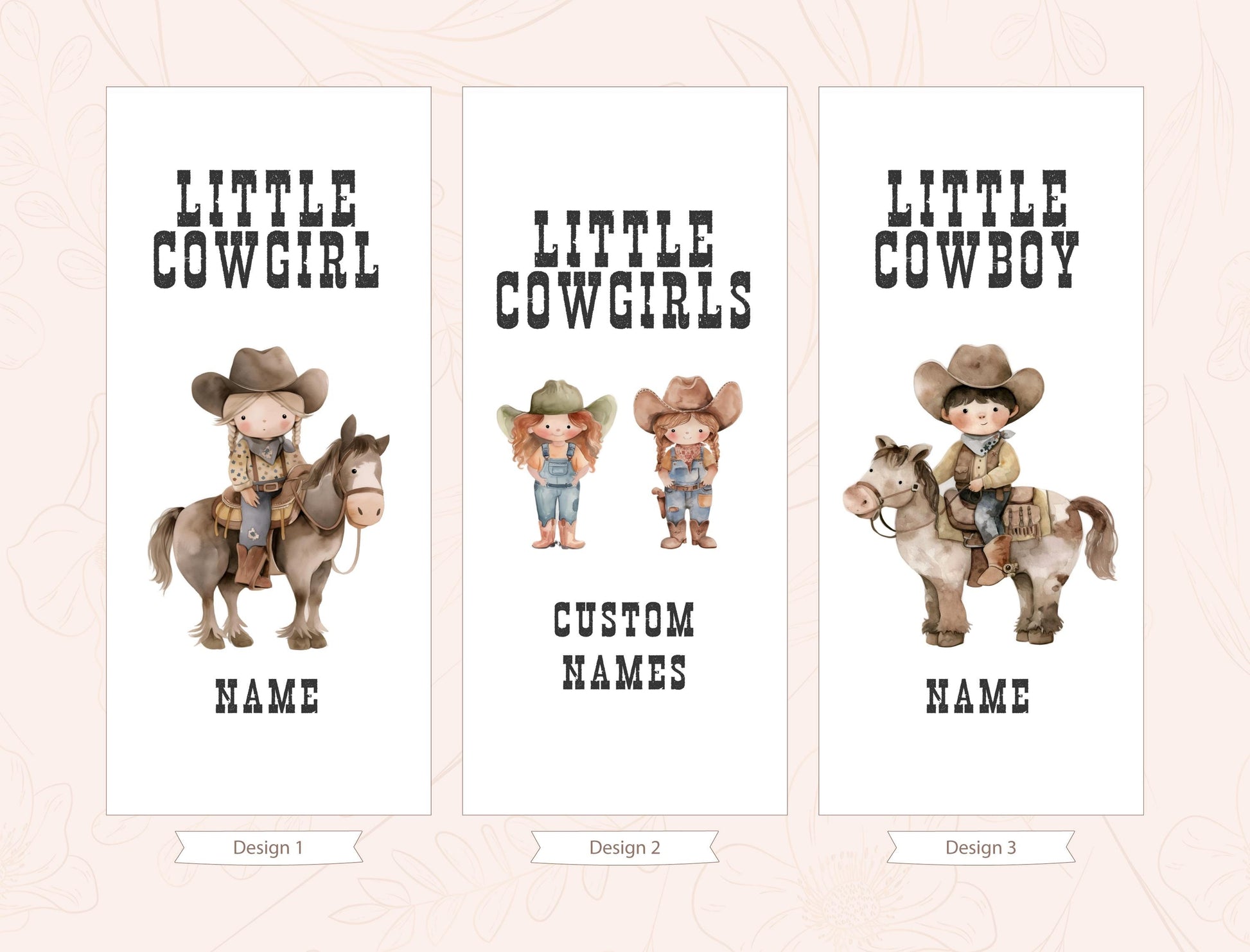 three banners with illustrations of children dressed in cowboy outfits, along with the text &quot;Little COWGIRL&quot; and &quot;Little COWBOY&quot; on each banner.