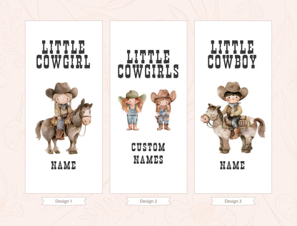 three banners with illustrations of children dressed in cowboy outfits, along with the text &quot;Little COWGIRL&quot; and &quot;Little COWBOY&quot; on each banner.