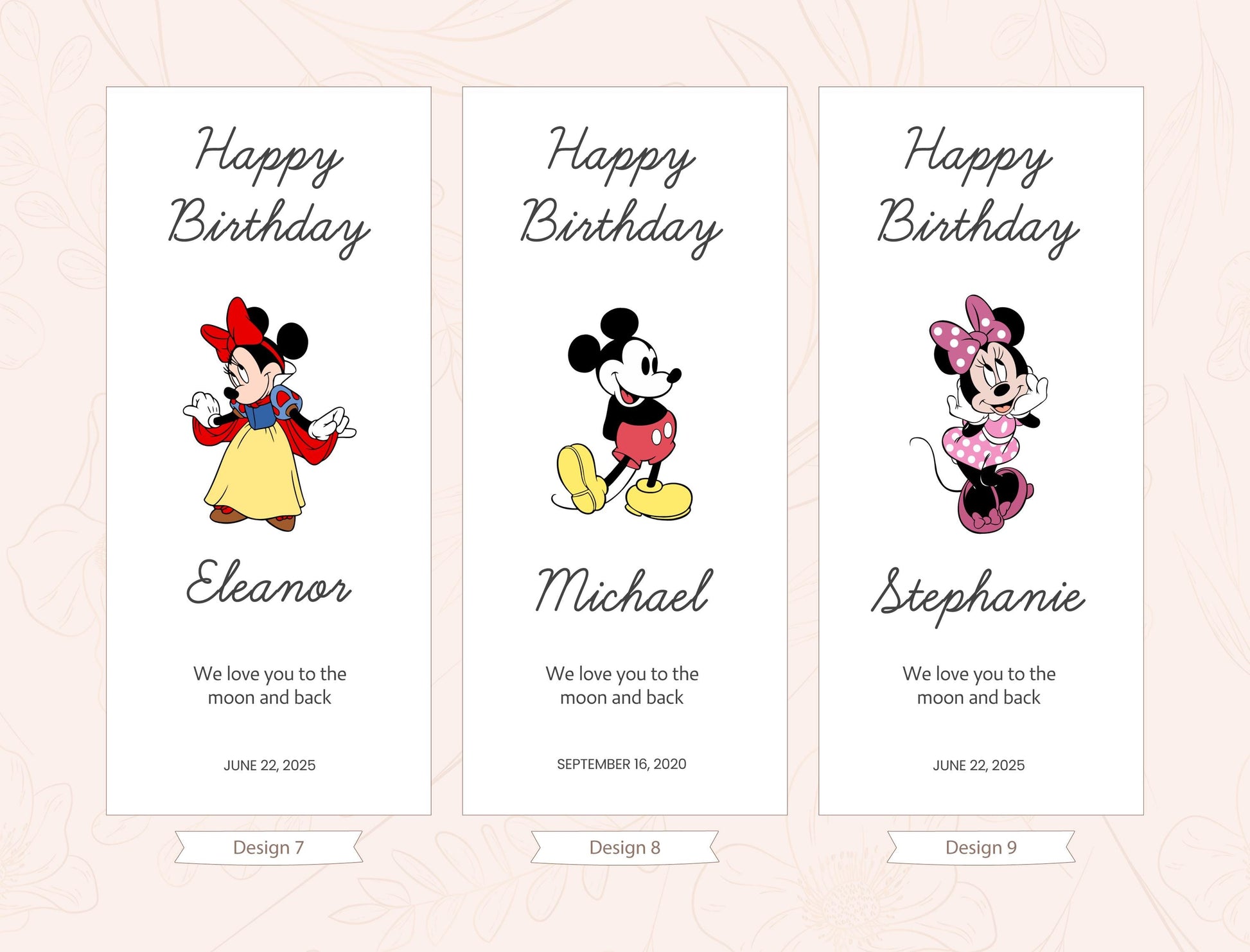three birthday cards with different cartoon characters, likely Mickey Mouse, Minnie Mouse, and Snow White. The cards are designed to celebrate birthdays and feature personalized messages.