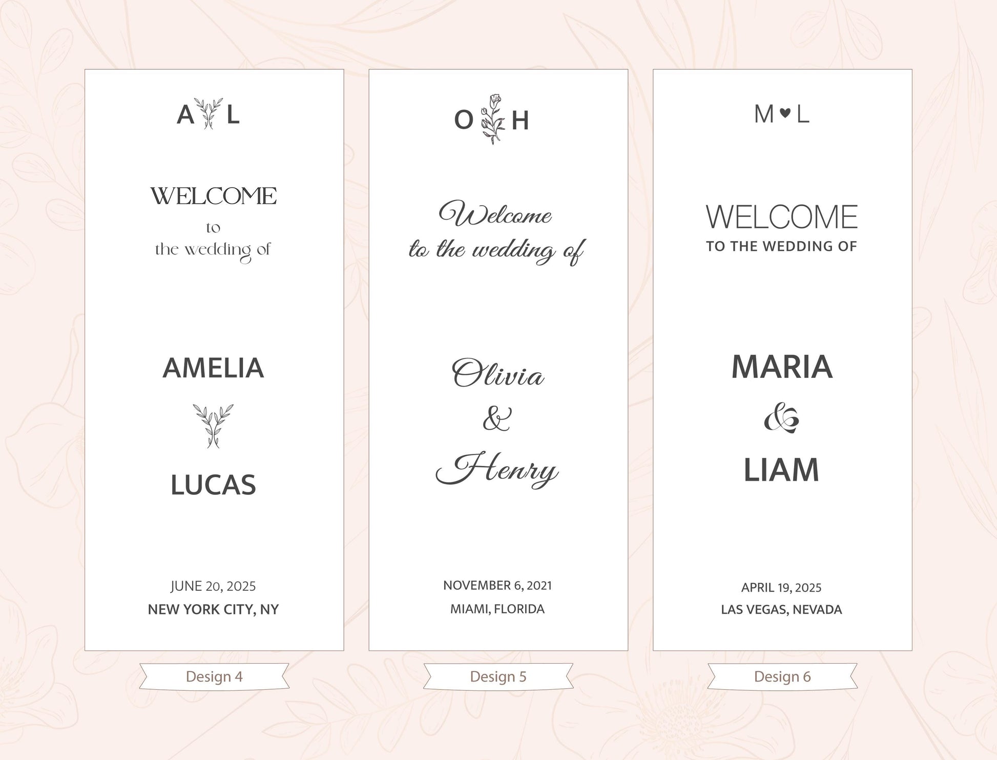 three identical vertical banners with text welcoming guests to the wedding of two individuals, Amelia and Lucas. The banners are designed in a clean, elegant style with a simple color palette and minimal text.