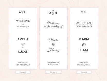 three identical vertical banners with text welcoming guests to the wedding of two individuals, Amelia and Lucas. The banners are designed in a clean, elegant style with a simple color palette and minimal text.