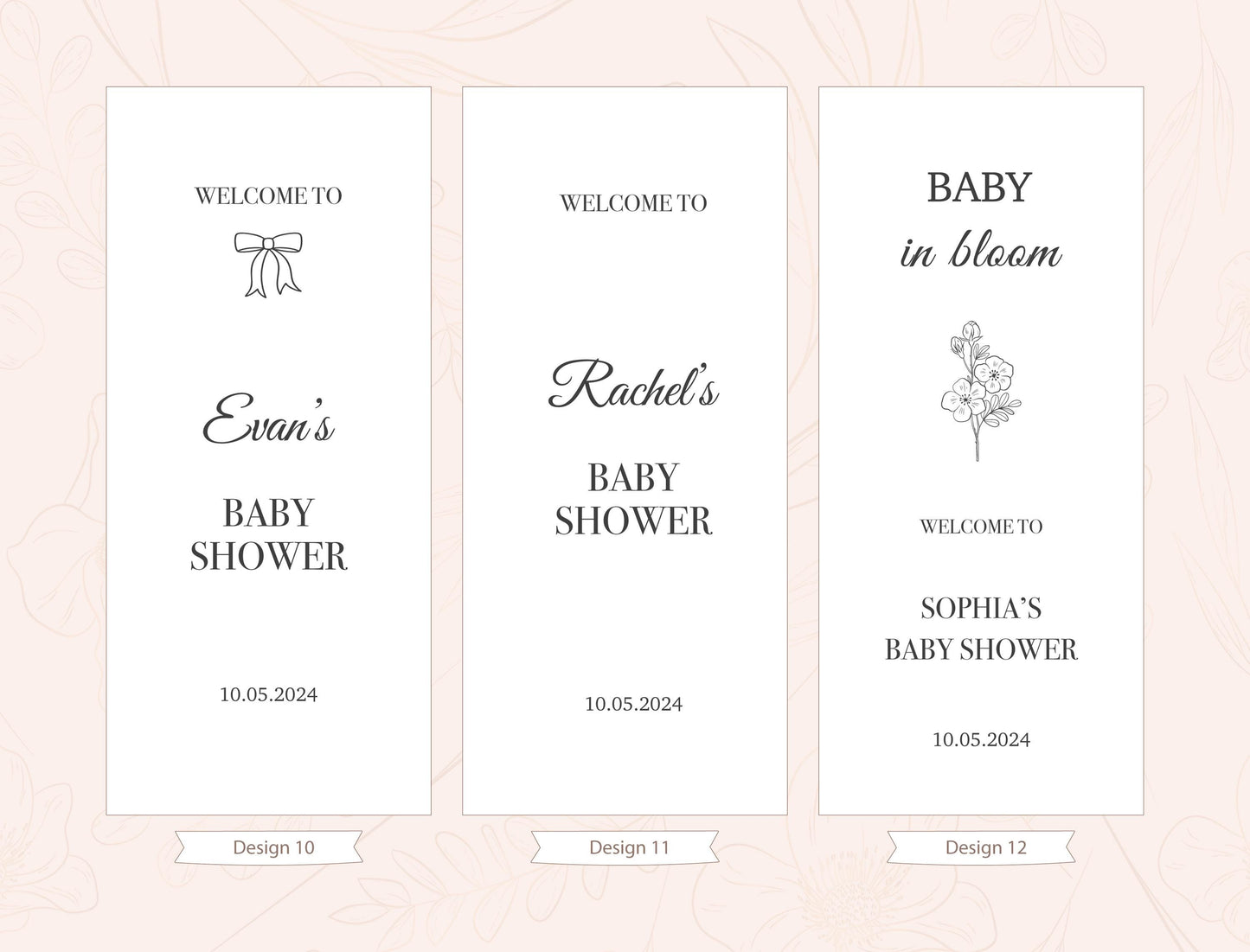 three identical banners with the same design and text, welcoming guests to a baby shower.