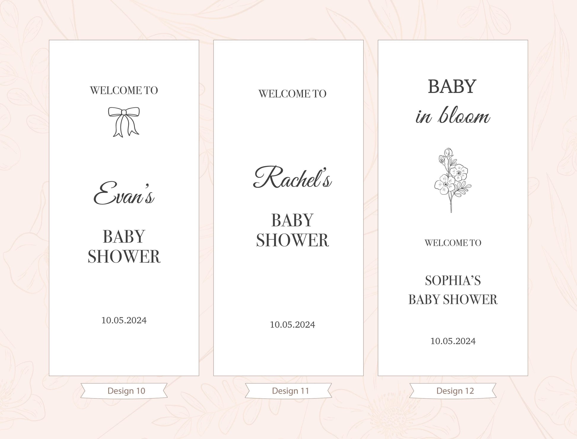 three identical banners with the same design and text, welcoming guests to a baby shower.