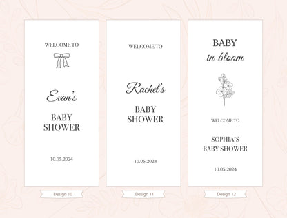 three identical banners with the same design and text, welcoming guests to a baby shower.