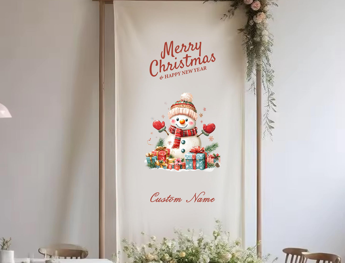 A banner with a snowman and Christmas decorations, along with the text &quot;Merry Christmas & Happy New Year&quot; and &quot;Custom Name&quot; printed on it.